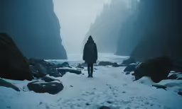 a person walking through snow and ice in a forest