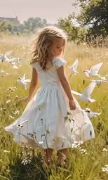 a young girl in a white dress in a field full of birds