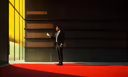 man in suit and tie stands in front of staircases