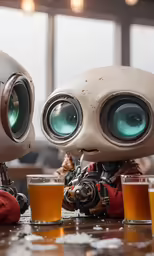 two little robot figurines in full body costumes, each holding glasses with a beer