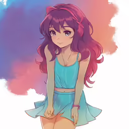 a anime girl with long pink hair and blue clothes