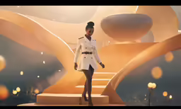 a woman in a white suit and coat walking towards stairs