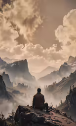 person sitting alone in front of a mountain