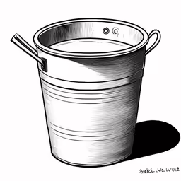 black and white drawing of a bucket of water with a spoon sticking out of the side