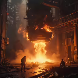 two men stand near a huge, open fire burning