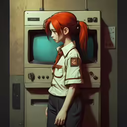 an anime woman standing in front of a microwave