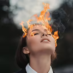 the woman is wearing a suit and smoke coming out of her face