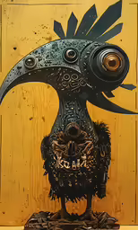 a wood block with a bird decoration made from pieces of cutouts