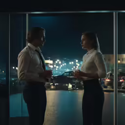 two women in business attire standing together outside an office building