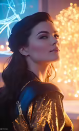 a woman with long hair standing in front of some lights