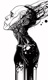 the image is black and white, and a woman has her head in a flowing mist