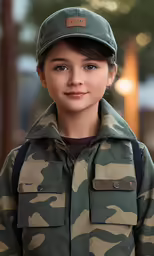 young boy in camouflage outfit on urban street