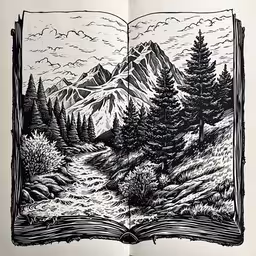 an open book showing illustrations of mountains, forest and road,an open book with a drawing on it that shows mountains