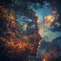 a person with fire in their face is surrounded by foliage
