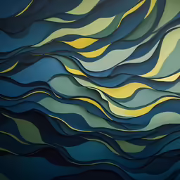an abstract painting of wavy blue and yellow waves