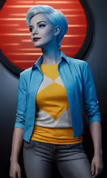 a person with blue hair wearing a blue jacket