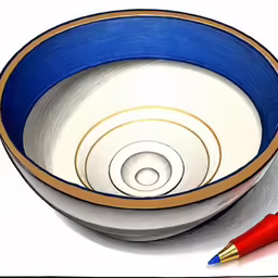 three different sized bowls with blue rims and two red pencils