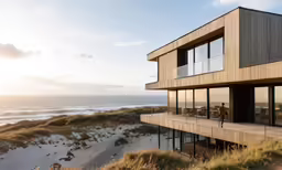 an exterior view of the house sits on a cliff near the beach