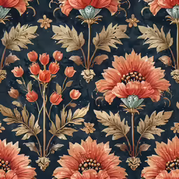 a black, floral wallpaper with a bunch of flowers on it