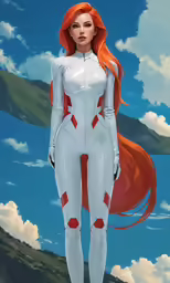 a red haired woman is standing near a sky