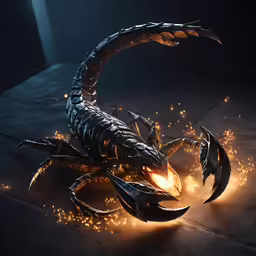 a scorpion scorpions is covered in fire as it stands on a pavement