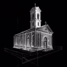 a large church with lights on the front and side