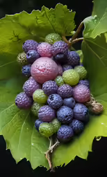 a bunch of purple grapes hanging from a green leaf
