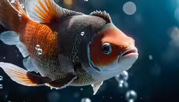 a big goldfish with bubbles in its mouth