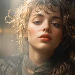 a close - up image of a young woman with curly hair