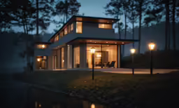 there is a building with lights on the windows