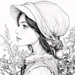 a woman with a hat on and flowers around her head