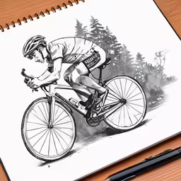a drawing of a bicyclist riding a bike on the road