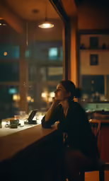 a woman looking at the window in the evening