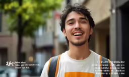 a person in a white and orange shirt and a bag and buildings
