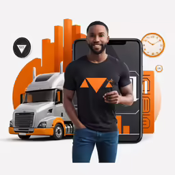 a man standing in front of a cell phone with a truck on the screen