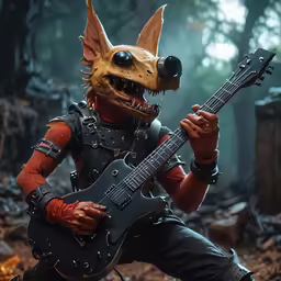a man playing guitar with a wolf mask on