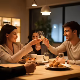 three young adults toast with wine and coffee cups