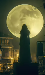 a woman is looking at the moon through her window