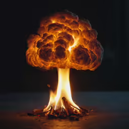 the dark background shows a bright orange flame and bright yellow smoke coming out of the middle of a round tree