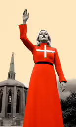 a statue with the shape of a woman wearing a red dress with white crosses