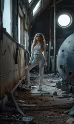 a woman standing in an empty warehouse area