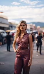 a woman posing in front of people on the street