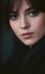 woman with fringe and black scarf looking down