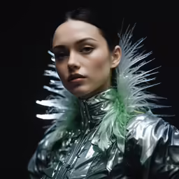 a woman in a silver coat and green feathered collar