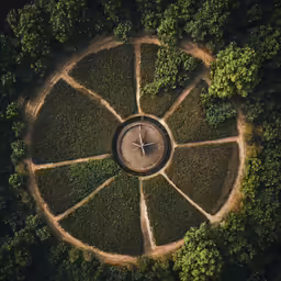 circular clock sitting in middle of trees in a field