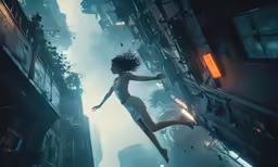 the woman is floating in the air above a city
