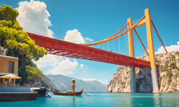a picture of an over water bridge with a person paddling a boat