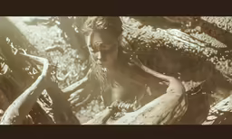 an older woman in the wilderness holding a log