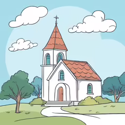 a white church surrounded by a green field and trees