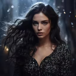 a woman in a dark forest wearing a black shirt